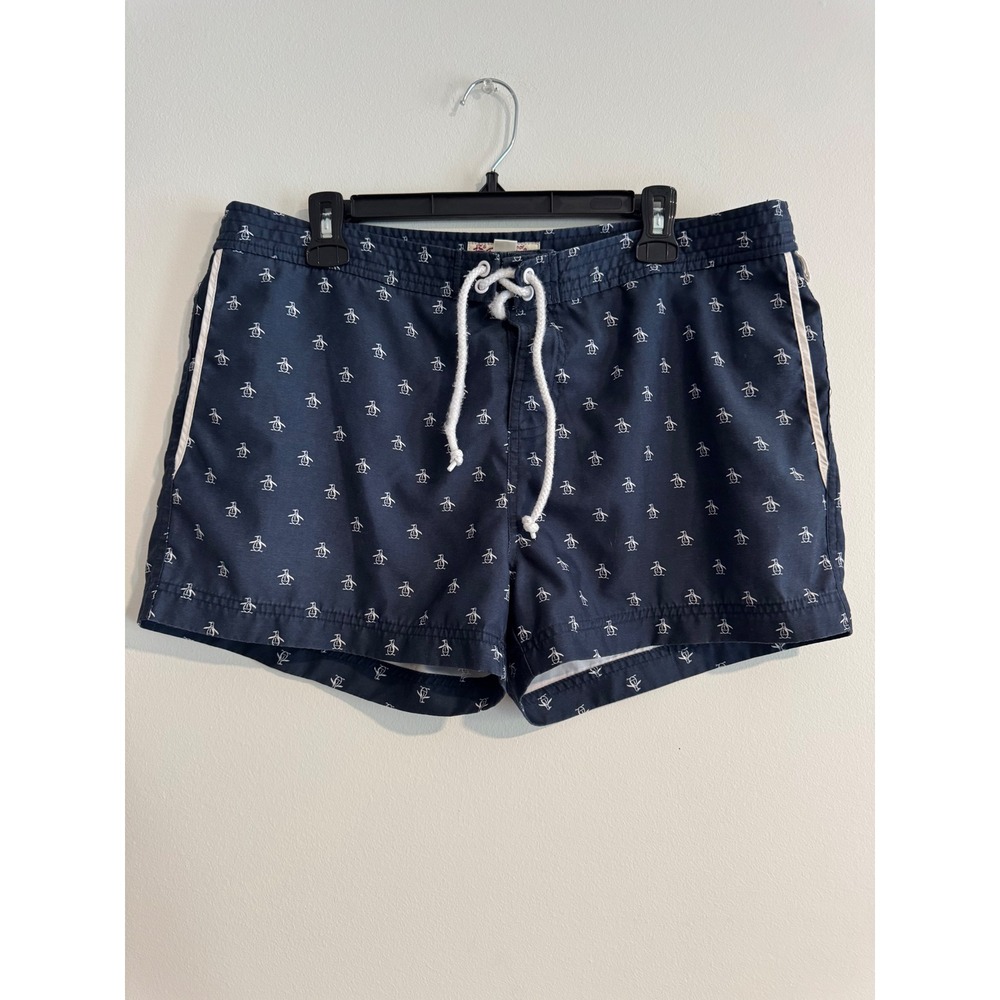 Original Penguin Swim Trunks Men 36 Navy Blue Logo Pattern Shorts Beachwear Vaca